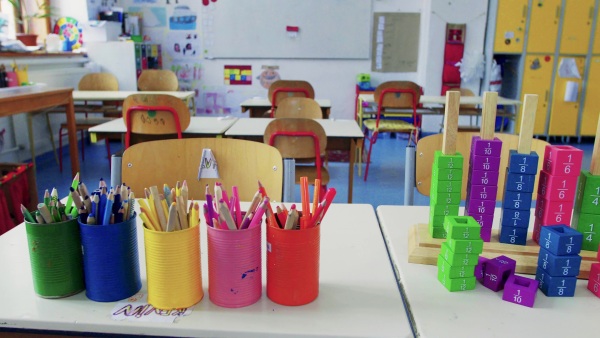 Props on the desk in a classroom. Elementary school.