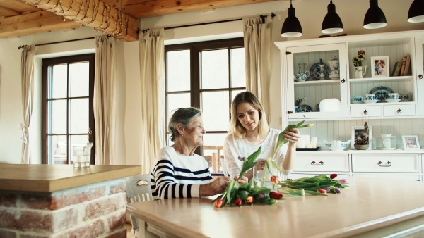 Portrait of an elderly grandmother with an adult granddaughter at home. Women putting flowers in a vase.