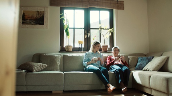 An elderly grandmother and adult granddaughter at home, knitting.