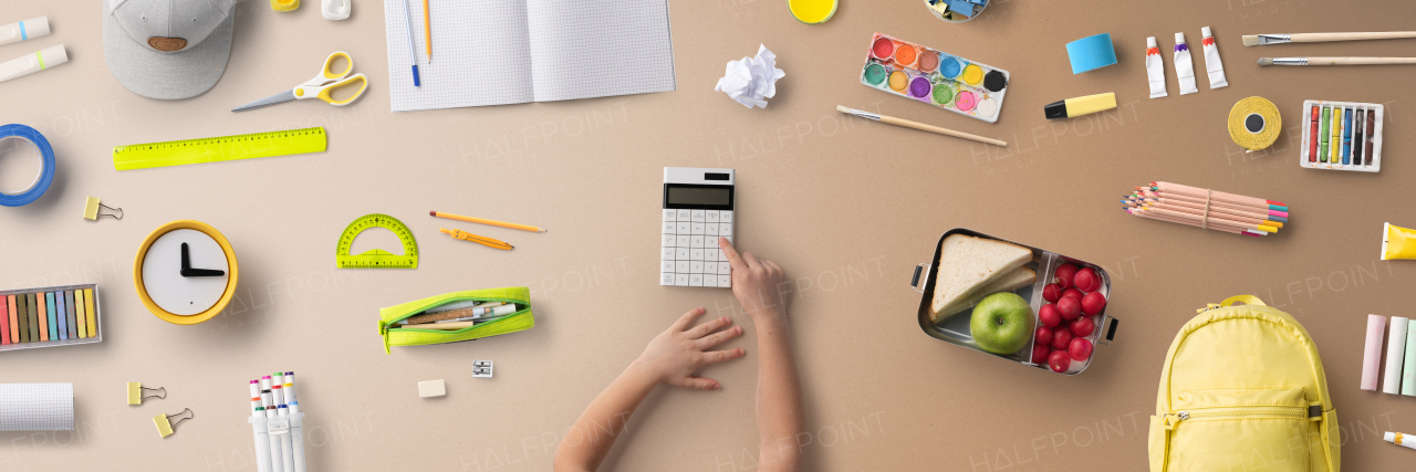 Flat lay top view of group of school supplies, back to school concept.