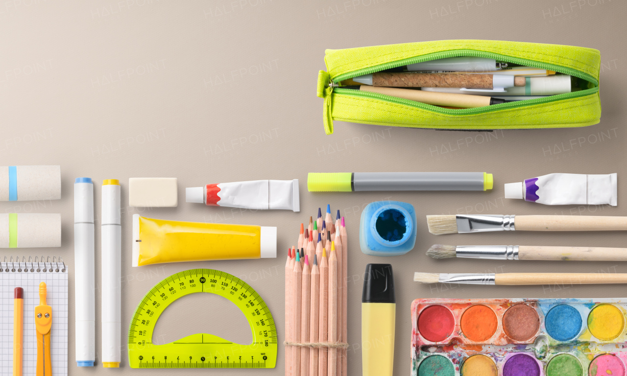 A flat lay top view of group of school supplies, back to school concept. Copy space.