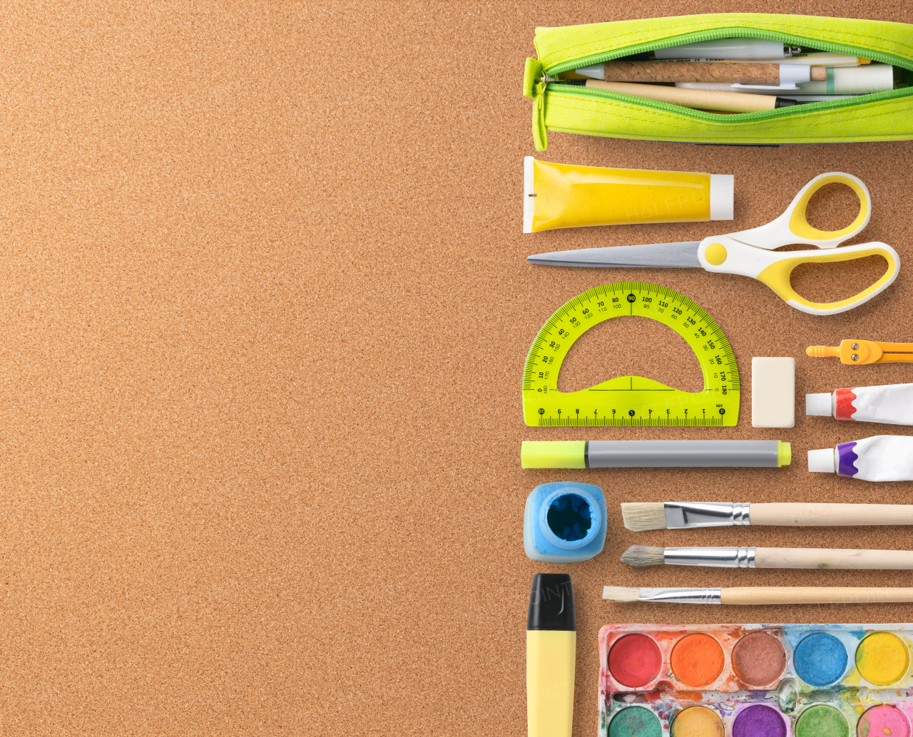 A flat lay top view of group of school supplies, back to school concept. Copy space.