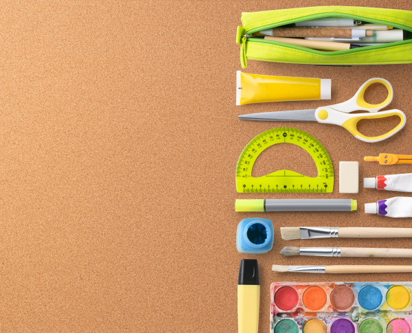 A flat lay top view of group of school supplies, back to school concept. Copy space.