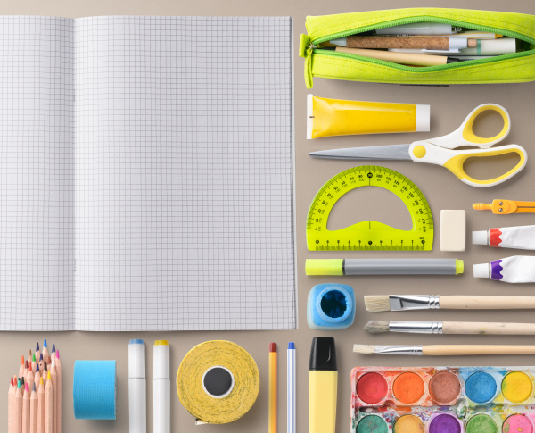 A flat lay top view of group of school supplies, back to school concept. Copy space.