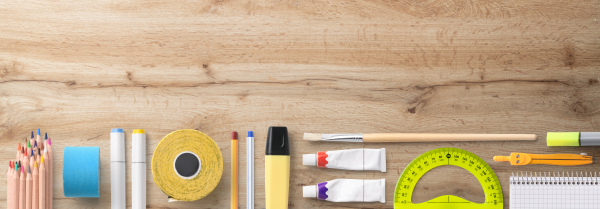 A flat lay top view of group of school supplies, back to school concept. Copy space.