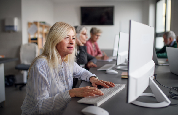 Group of senior people attending computer and technology education class, working.