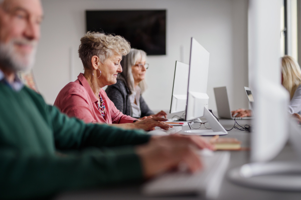 Group of senior people attending computer and technology education class, working.