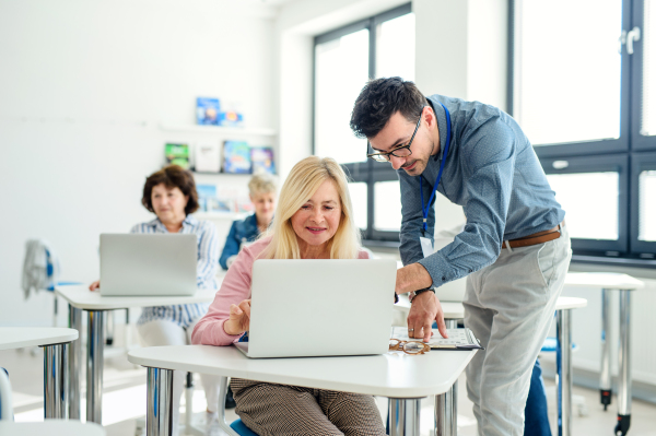 Group of cheerful senior people attending computer and technology education class.