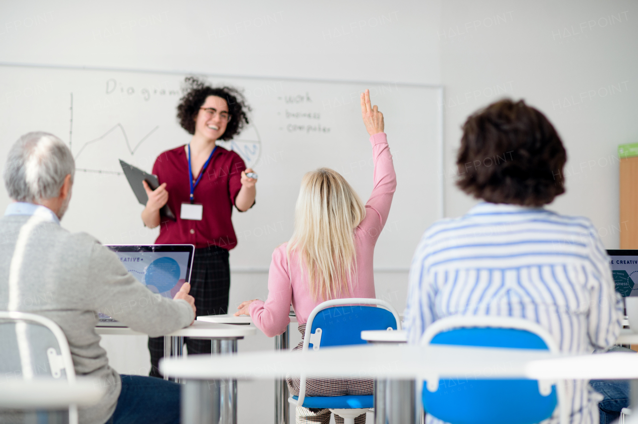 Group of cheerful senior people attending computer and technology education class.