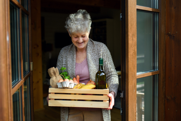 Front view portrait of woman holding food shopping delivery by front door.