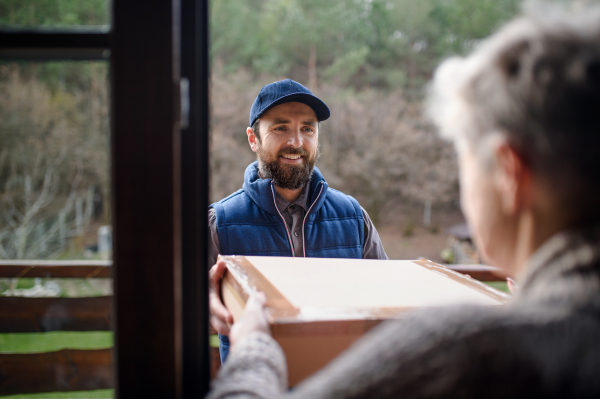 Man courier delivering parcel box to senior woman, standing by doorstep.