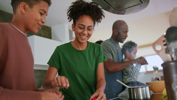 A happy multiracial family with three children cooking together at home.