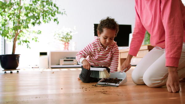 A little multiracial boy sweeping dirt with help of his teenage sister at home