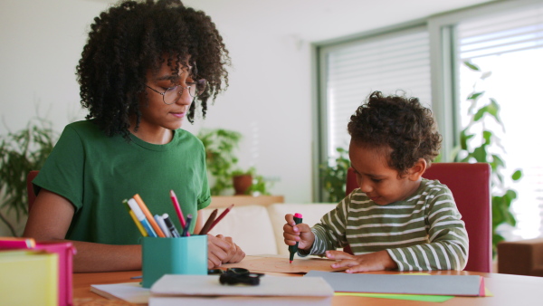 A big sister helping her little brother doing distance learning or schoolwork at home