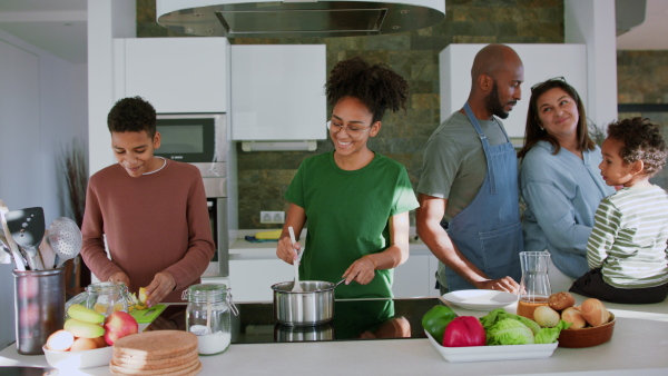 A happy multiracial family with three children cooking together at home.