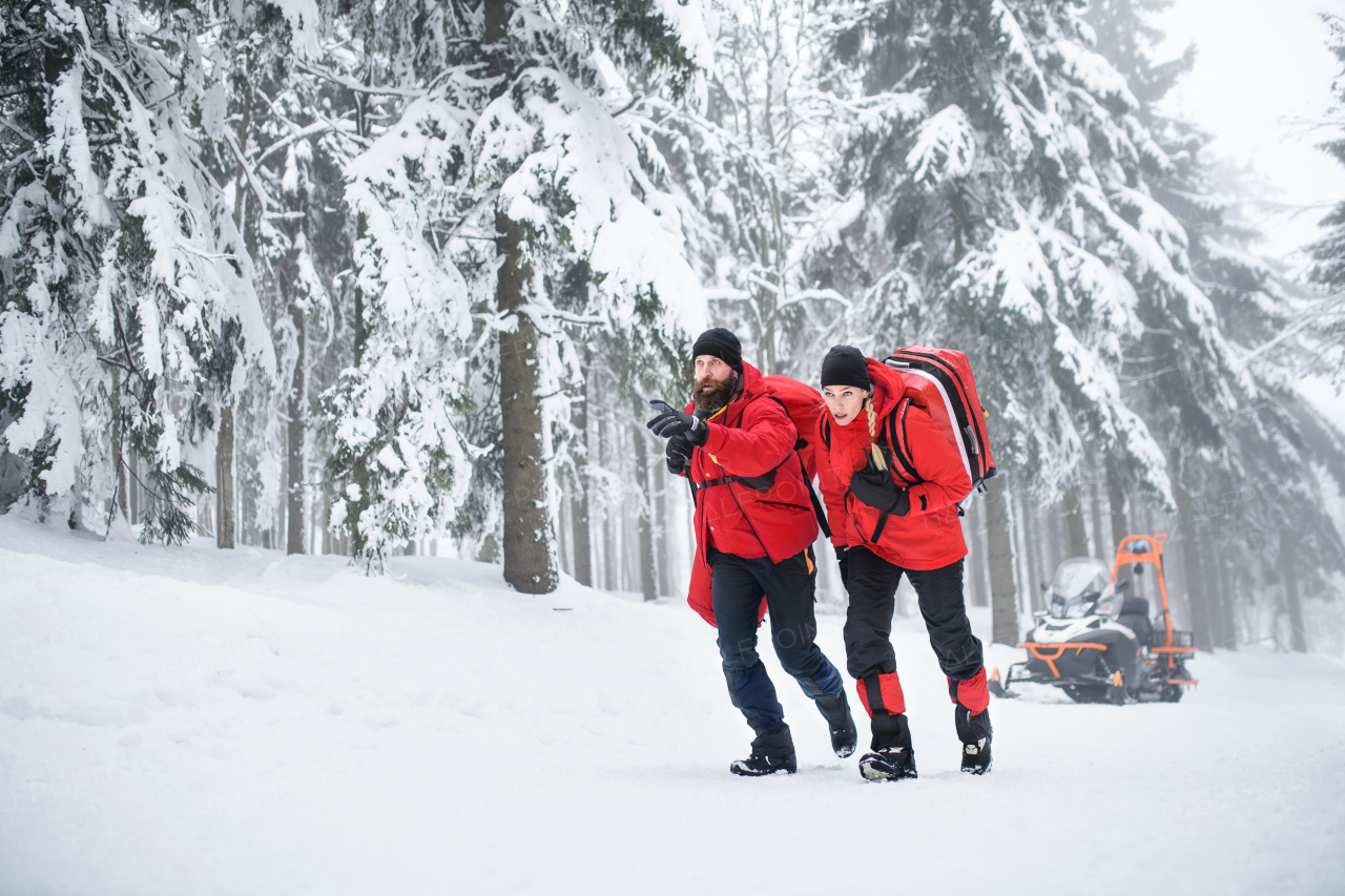 Paramedics from mountain rescue service walking and talking outdoors in winter in forest.