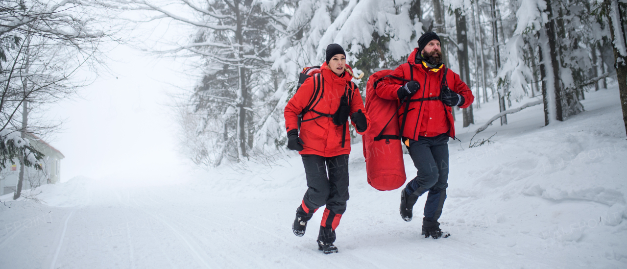 Man and woman paramedics from mountain rescue service running outdoors in winter in forest.