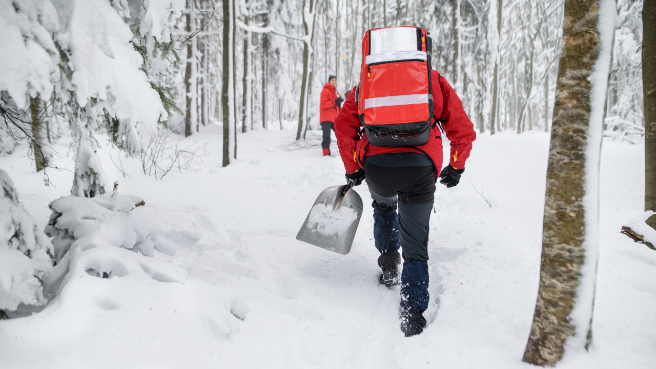 Rear view of mountain rescue service with shovels on operation outdoors in winter in forest, running.