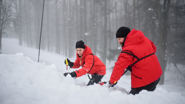 Mountain rescue service on operation outdoors in winter in forest, digging snow with shovels. Avalanche concept.