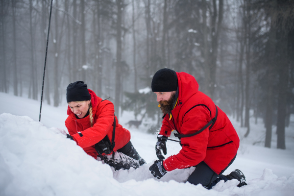 Mountain rescue service on operation outdoors in winter in forest, digging snow with shovels. Avalanche concept.