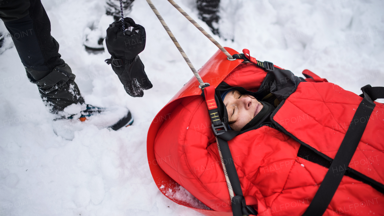 Paramedics from mountain rescue service provide operation outdoors in winter in forest, pulling injured person in stretcher.