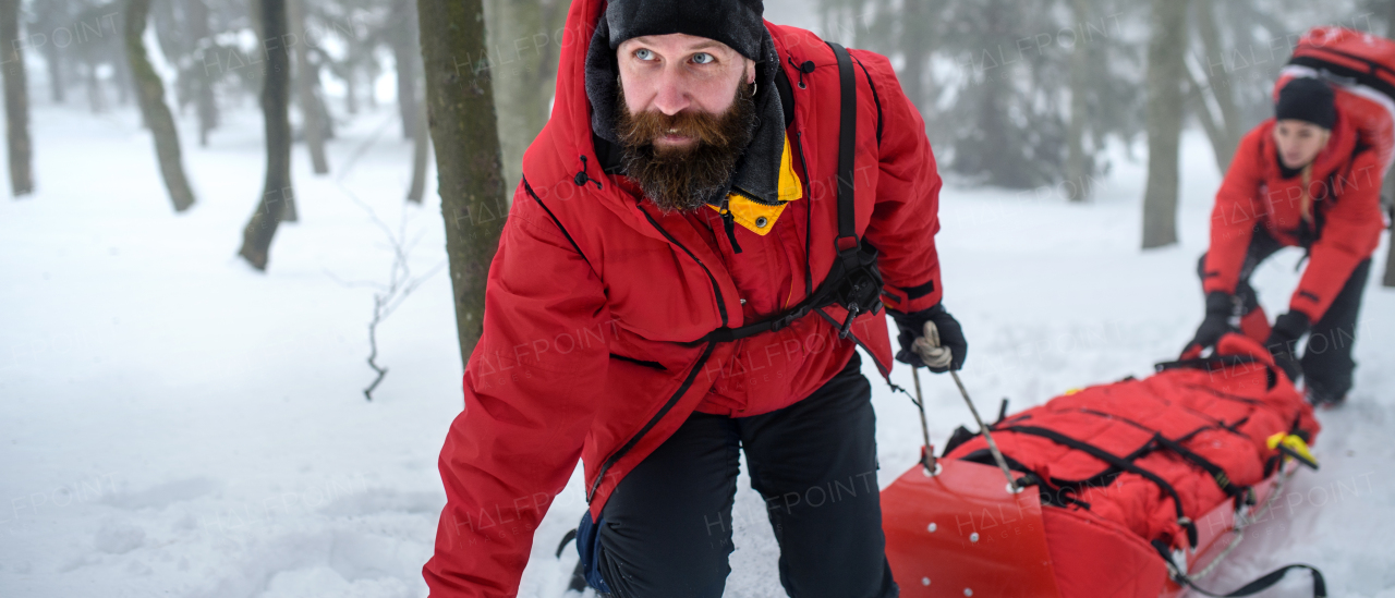 Paramedics from mountain rescue service provide operation outdoors in winter in forest, injured person in stretcher.