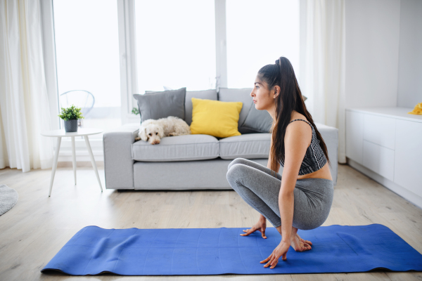 A portrait of young sport woman doing exercise indoors at home, healthy lifestyle concept.