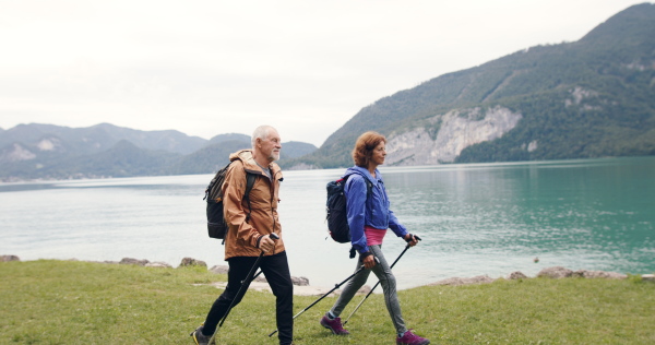 A side view of senior pensioner couple hiking by lake in nature, talking. Copy space.