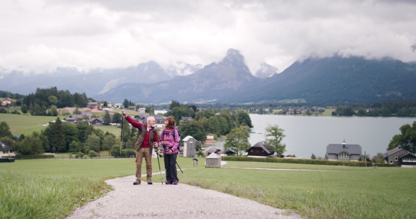 Happy senior pensioner couple with nordic walking poles hiking in nature, walking.