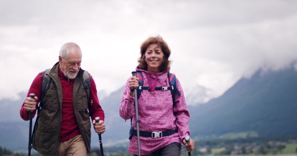 Happy senior pensioner couple with nordic walking poles hiking in nature, walking.