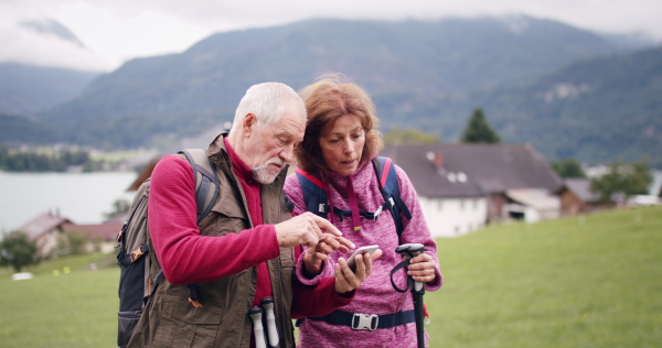 Happy senior pensioner couple hikers with smartphone in nature, using map for orientation.