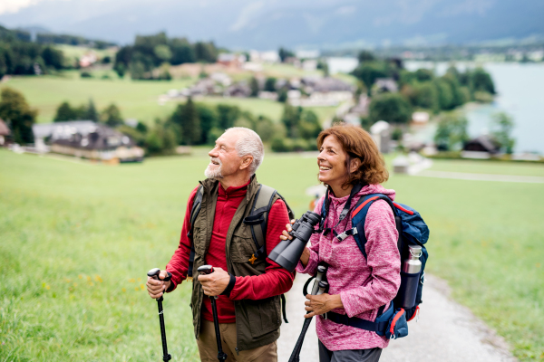 A senior pensioner couple with nordic walking poles hiking in nature, using binoculars.