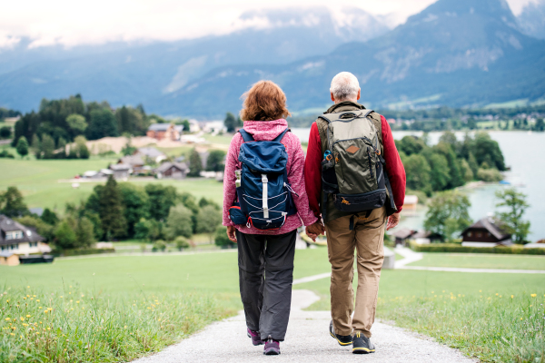 A rear view of active senior pensioner couple hiking in nature, holding hands.