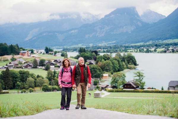 A front view of active senior pensioner couple hiking in nature, holding hands.