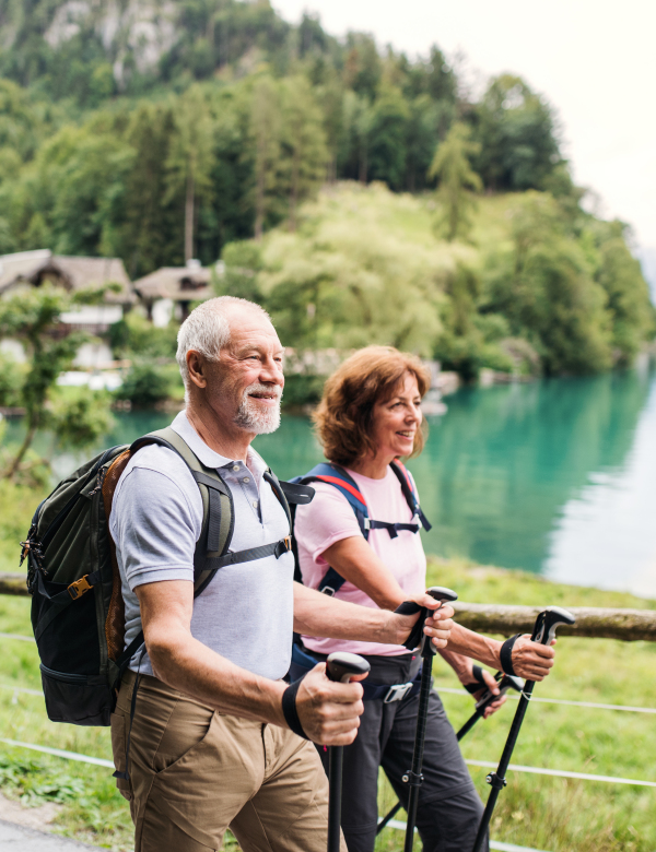 A happy senior pensioner couple with nordic walking poles hiking in nature.