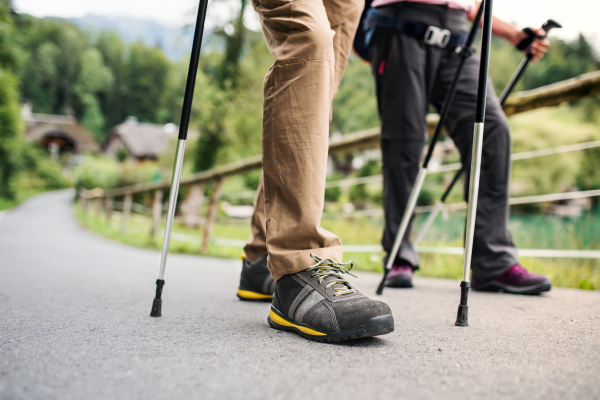 Legs of senior couple with nordic walking poles hiking in nature, midsection.