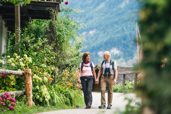 A happy senior pensioner couple with binoculars hiking, holding hands.