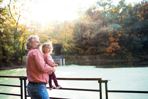 Mature fatherwith toddler daughter standing by the lake on a walk in autumn nature.