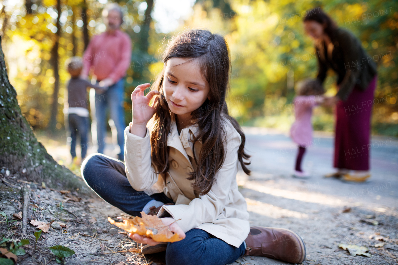 Portrait of small girl with family on a walk in autumn forest.