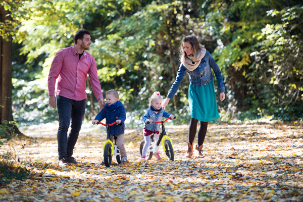 A beautiful young family with small twins on a walk in autumn forest, riding balance bikes.