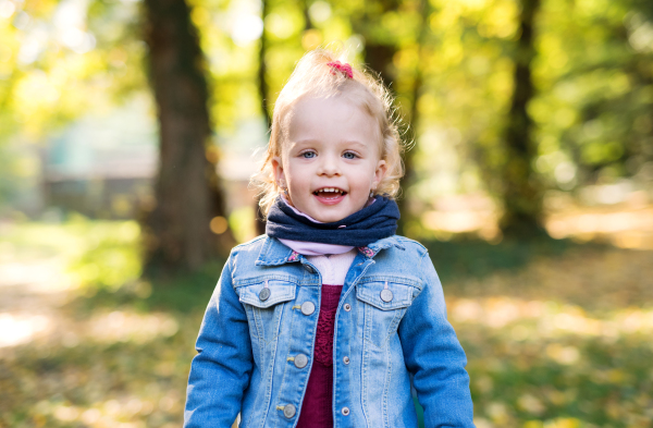 Front view portrait of a small toddler girl standing in autumn forest, looking at camera.