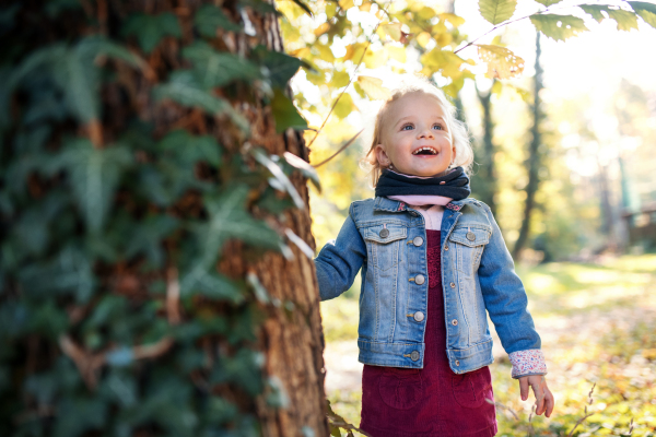 Front view portrait of a happy small toddler girl standing in autumn forest.