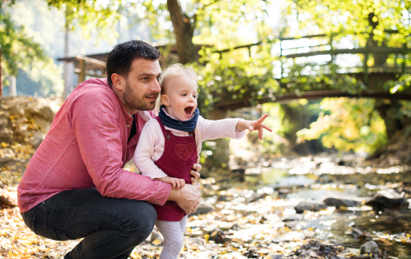 Unrecognizable father with small daughter on a walk in autumn forest, resting and talking.