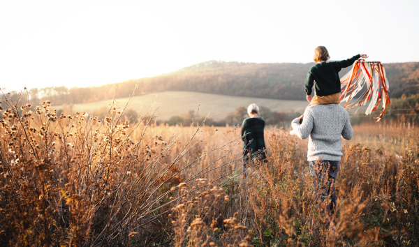 Rear view of family with small daughter on a walk in autumn nature, walking.