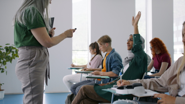 University students with a teacher studying indoors, lesson in classroom.