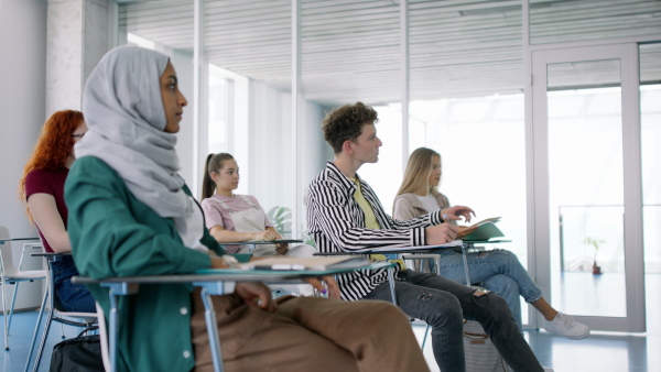 Group of university students studying indoors, lesson in classroom.