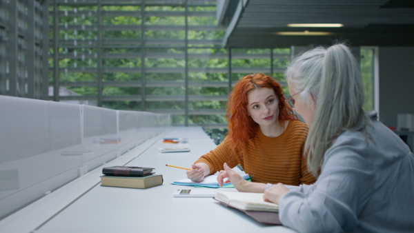 A university student having a counsultation and talking with her teacher.