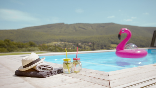 A pink inflatable flamingo floating in the pool.