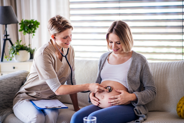 A healthcare worker with stethoscope examining pregnant woman indoors at home.