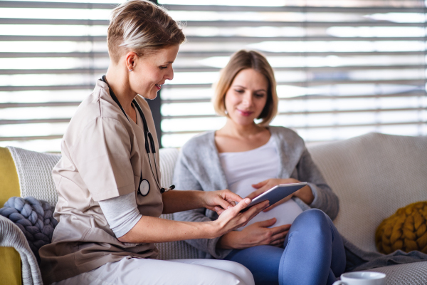 A healthcare worker with tablet talking to pregnant woman indoors at home.